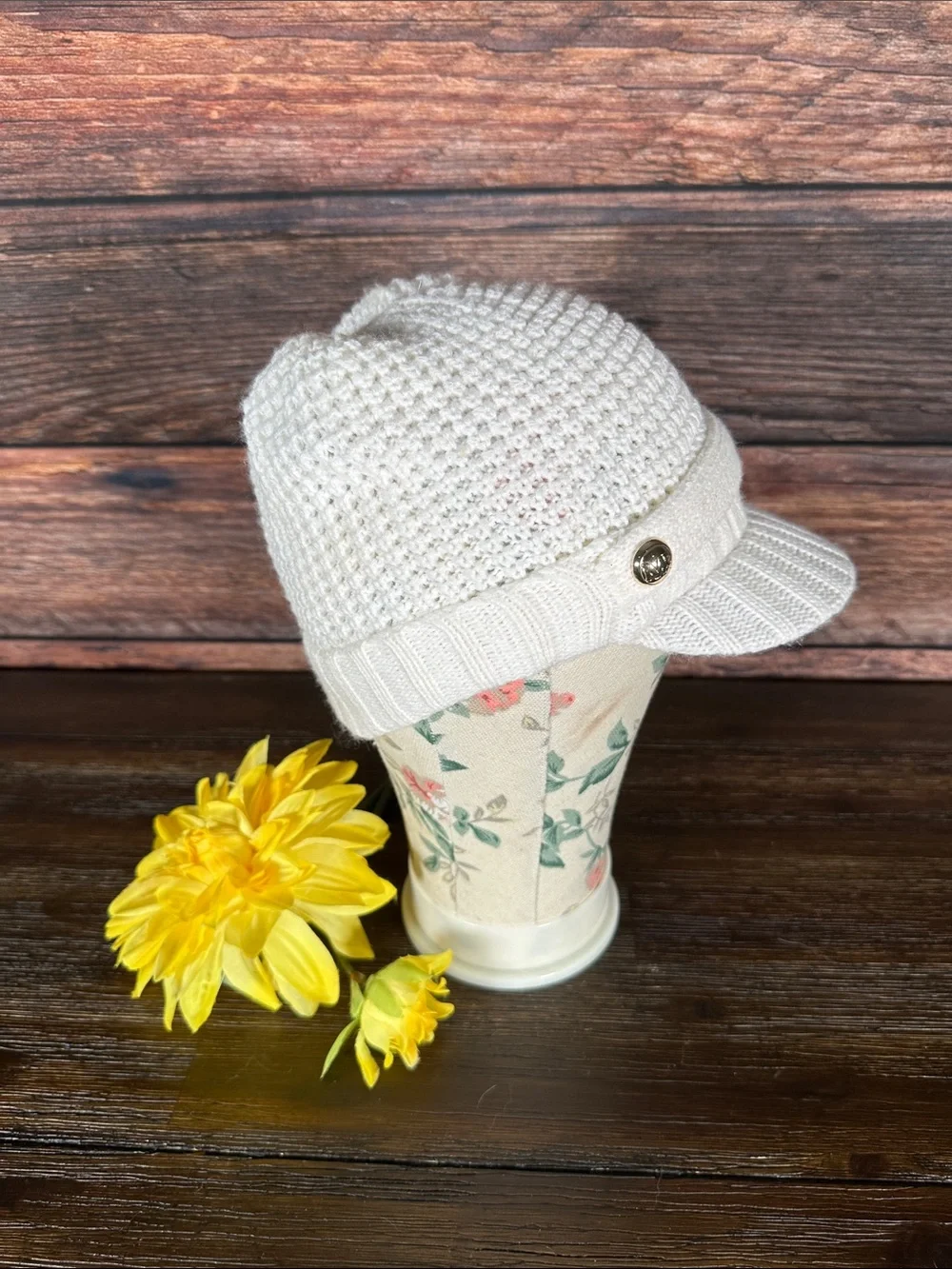 Michael Kors Cream Knit Visor Beanie with Logo Button